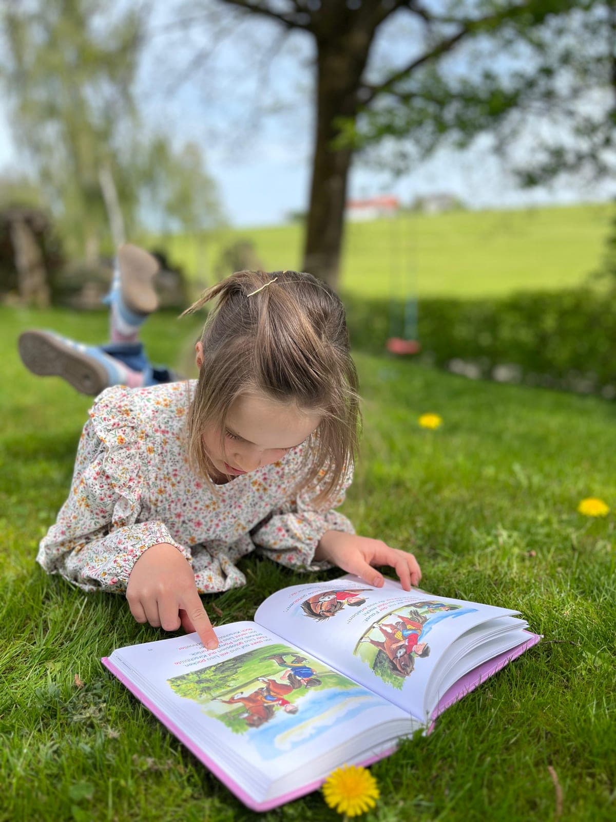 Mädchen liegt im Gras und liest konzentriert in einem Bilderbuch.